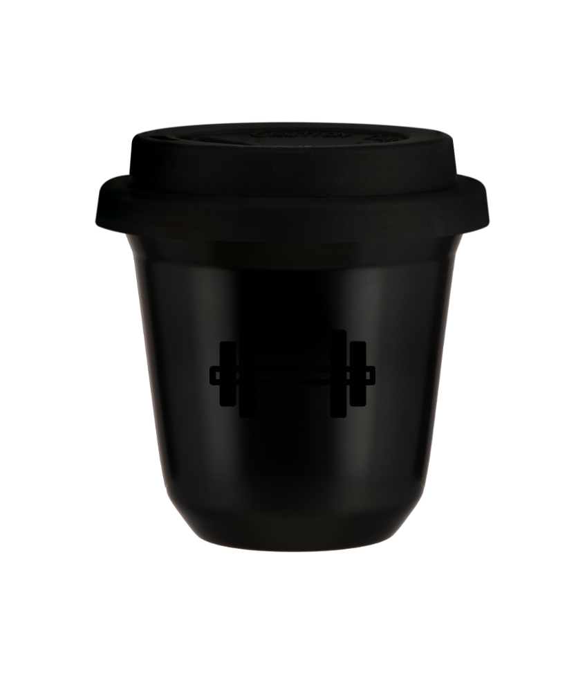 Tasse 150 ml NOIR "Haltère (noir)", avec couvercle noir Tasse 150 ml NOIR "Haltère (noir)", avec couvercle noir