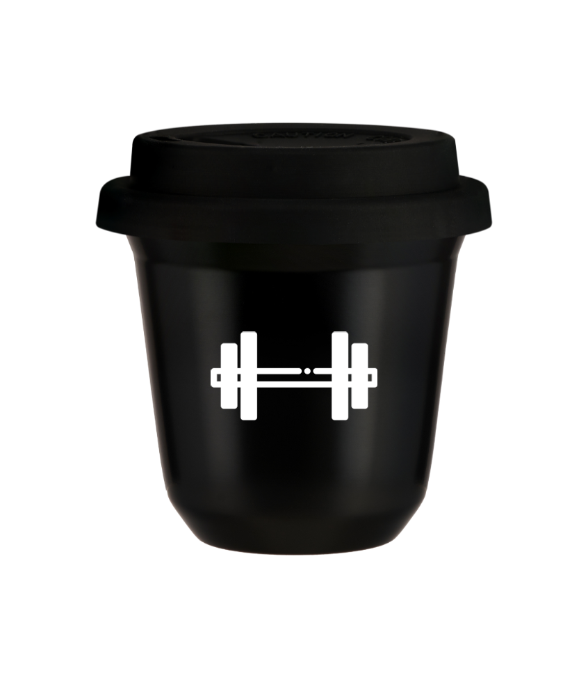 Tasse 150 ml NOIR "Haltère (blanc)", avec couvercle noir Tasse 150 ml NOIR "Haltère (blanc)", avec couvercle noir