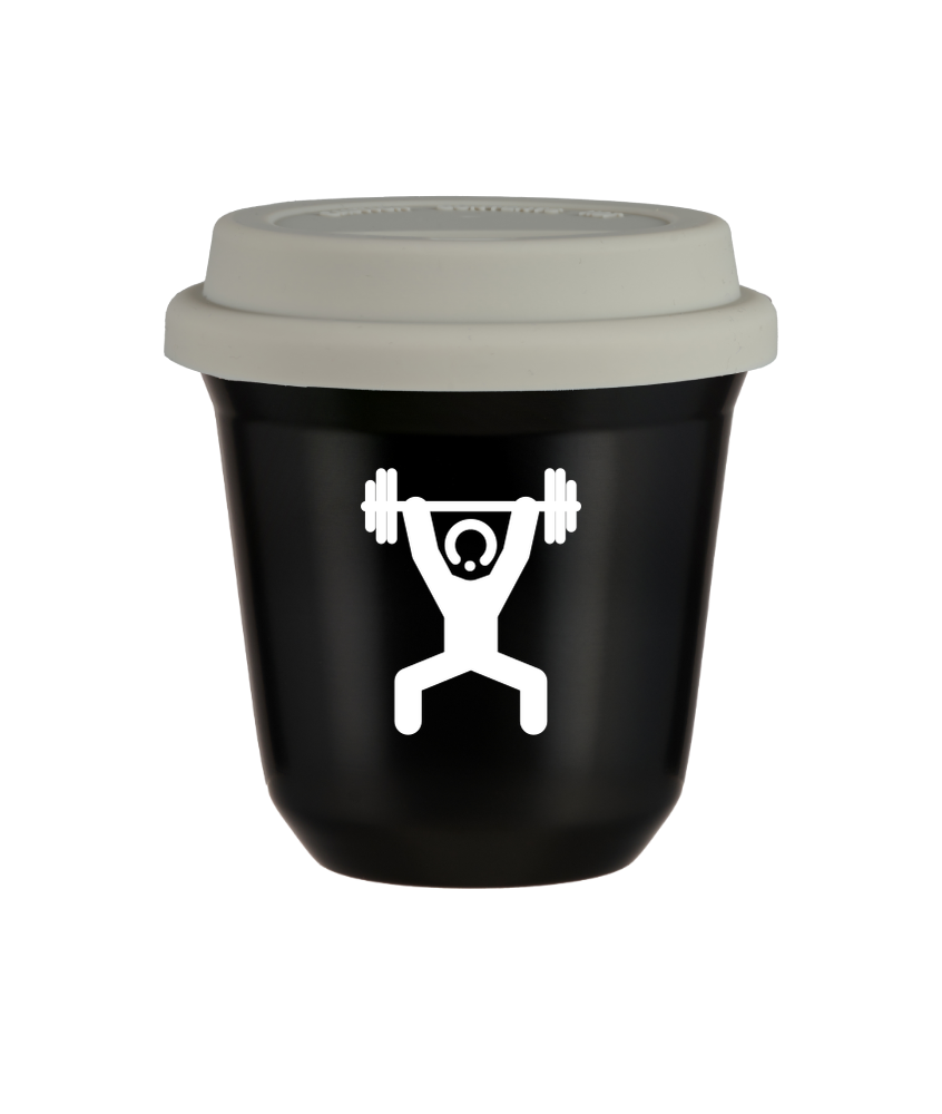 Tasse 150 ml NOIR "Homme fort 1 (blanc)", avec couvercle blanc Tasse 150 ml NOIR "Homme fort 1 (blanc)", avec couvercle blanc
