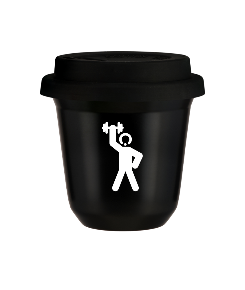 Tasse 150 ml NOIR "Homme fort 2 (blanc)", avec couvercle noir