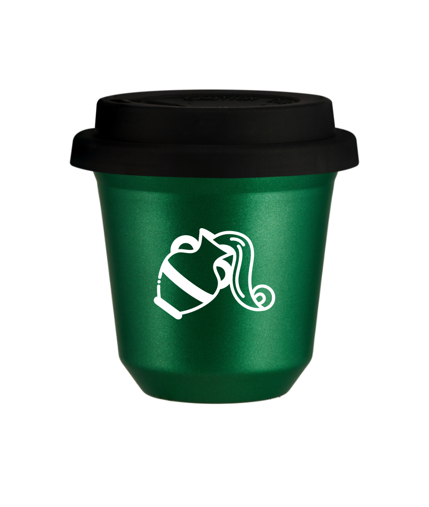 Tasse 150 ml VERT MÉTALLIQUE "Verseau (blanc)", avec couvercle noir