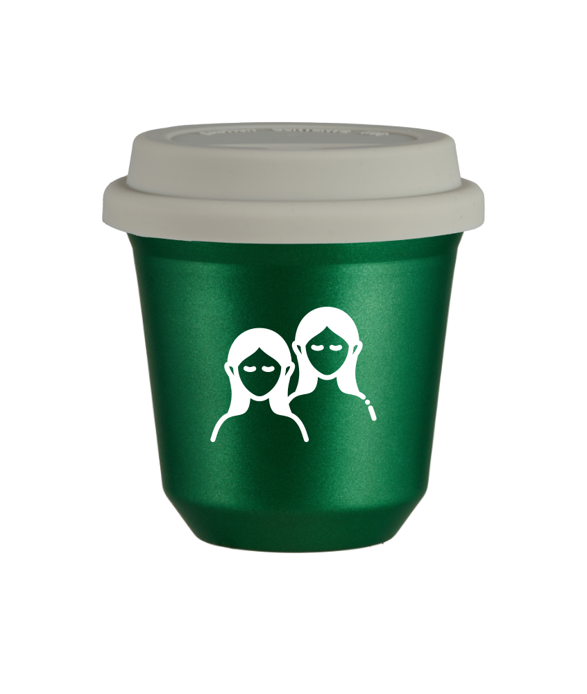 Tasse 150 ml VERT MÉTALLIQUE "Gémeaux (blanc)", avec couvercle blanc Tasse 150 ml VERT MÉTALLIQUE "Gémeaux (blanc)", avec couvercle blanc