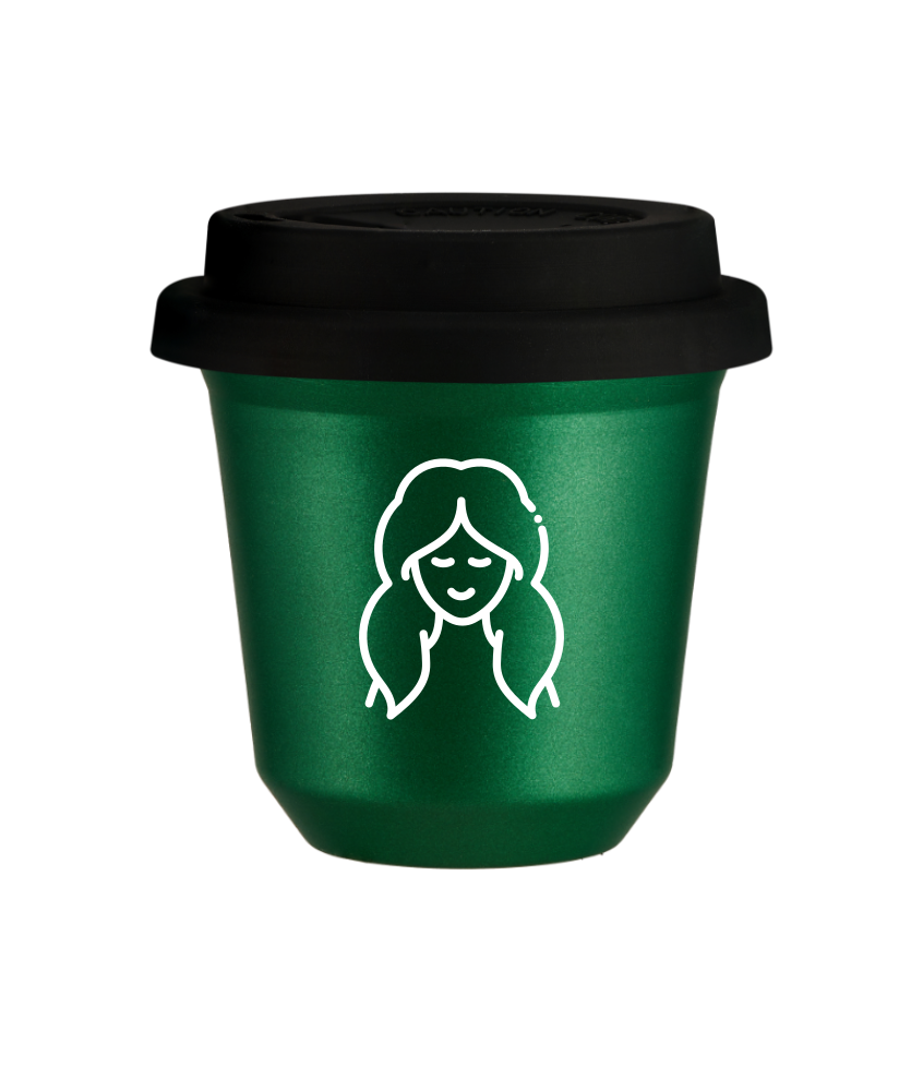 Tasse 150 ml VERT MÉTALLIQUE "Vierge (blanc)", avec couvercle noir