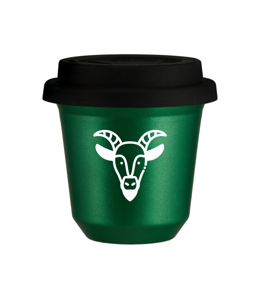 Tasse 150 ml VERT MÉTALLIQUE "Capricorne (blanc)", avec couvercle noir Tasse 150 ml VERT MÉTALLIQUE "Capricorne (blanc)", avec couvercle noir