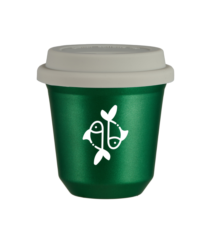 Tasse 150 ml VERT MÉTALLIQUE "Poissons (blanc)", avec couvercle blanc