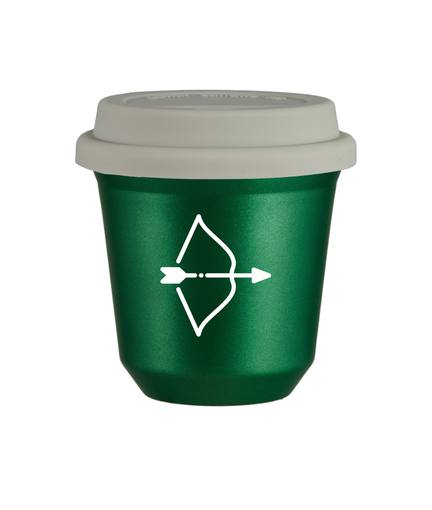Tasse 150 ml VERT MÉTALLIQUE "Sagittaire (blanc)", avec couvercle blanc Tasse 150 ml VERT MÉTALLIQUE "Sagittaire (blanc)", avec couvercle blanc