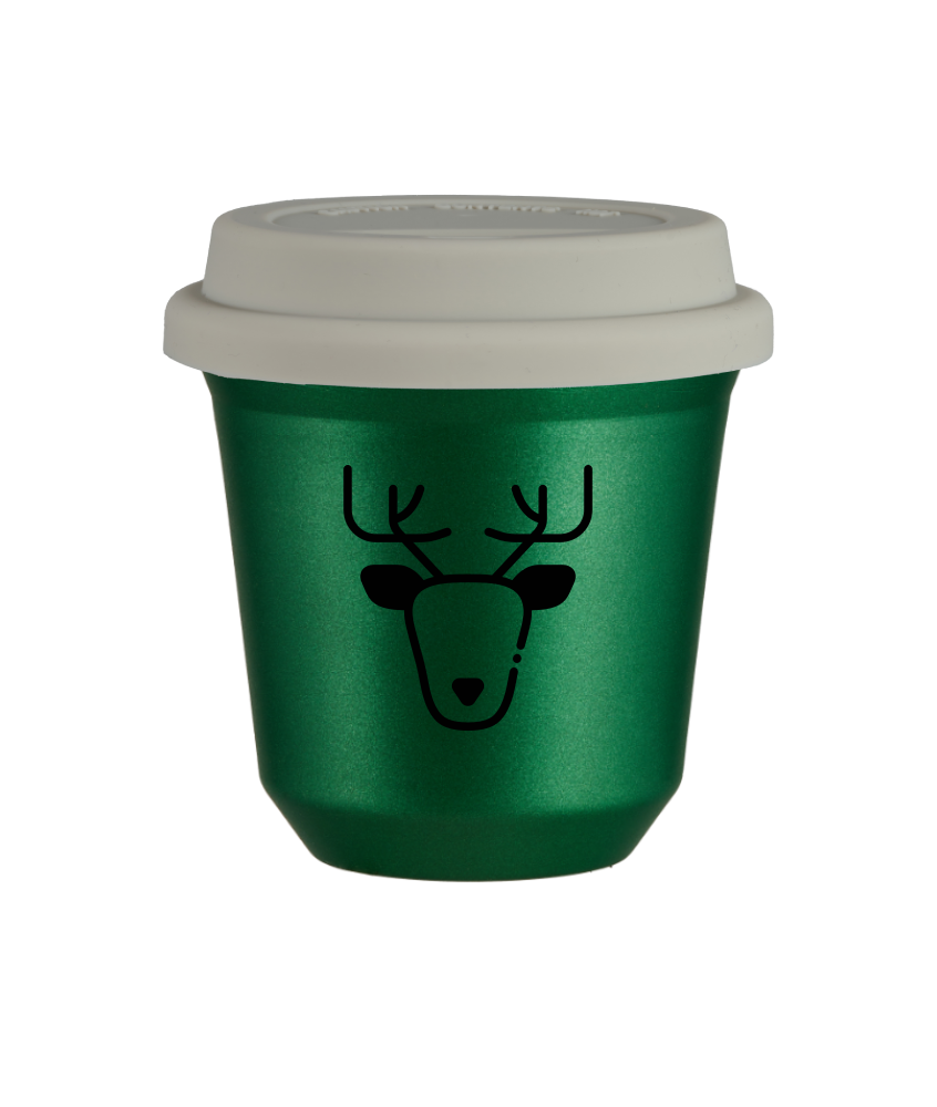 Tasse 150 ml VERT MÉTALLIQUE "Renne", avec couvercle blanc