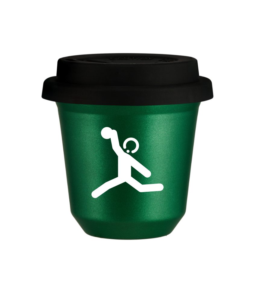 Tasse 150 ml VERT MÉTALLIQUE "Lancer du disque (blanc)", avec couvercle noir Tasse 150 ml VERT MÉTALLIQUE "Lancer du disque (blanc)", avec couvercle noir