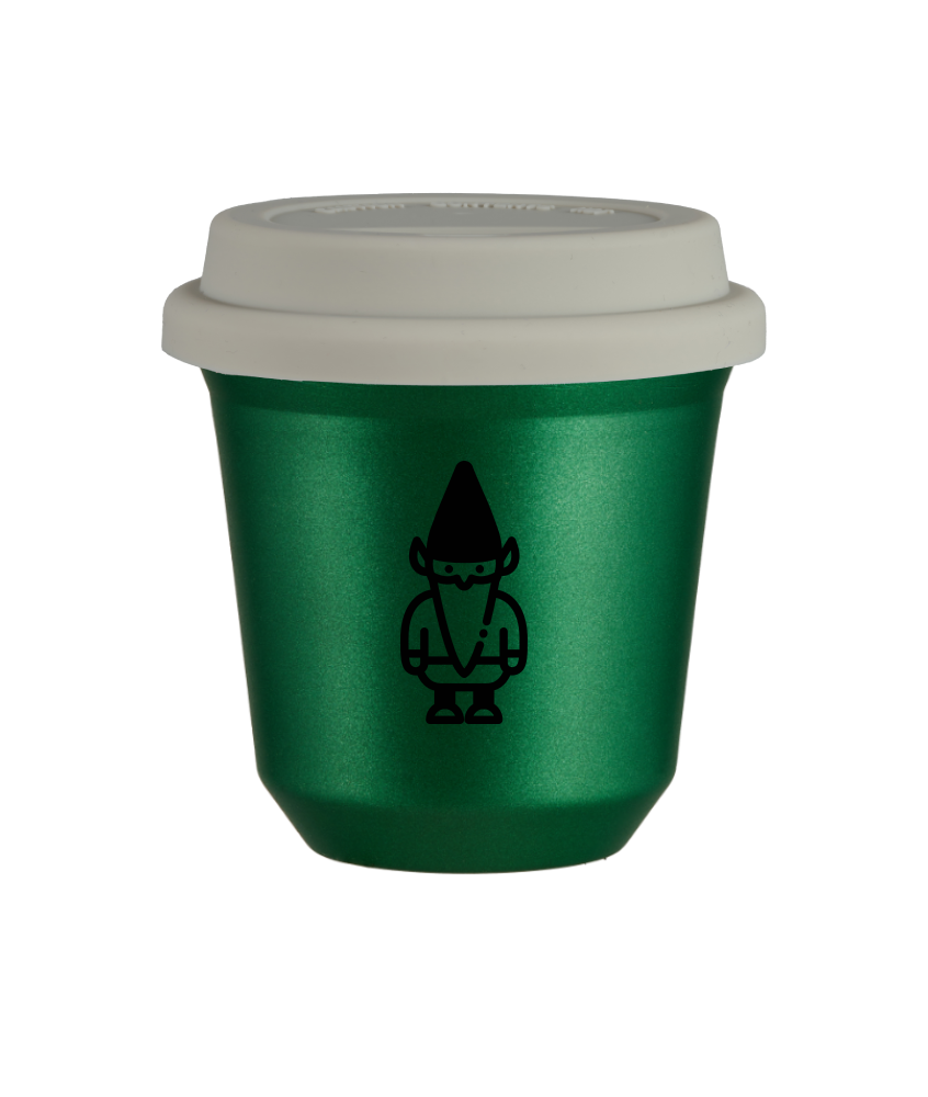 Tasse 150 ml VERT MÉTALLIQUE "Nain 2 (noir)", avec couvercle blanc Tasse 150 ml VERT MÉTALLIQUE "Nain 2 (noir)", avec couvercle blanc