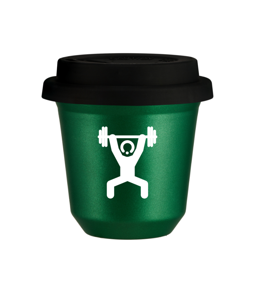 Tasse 150 ml VERT MÉTALLIQUE "Homme fort 1 (blanc)", avec couvercle noir Tasse 150 ml VERT MÉTALLIQUE "Homme fort 1 (blanc)", avec couvercle noir