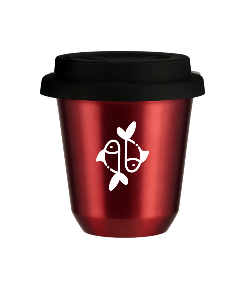 Tasse 150 ml ROUGE MÉTALLIQUE "Poissons (blanc)", avec couvercle noir