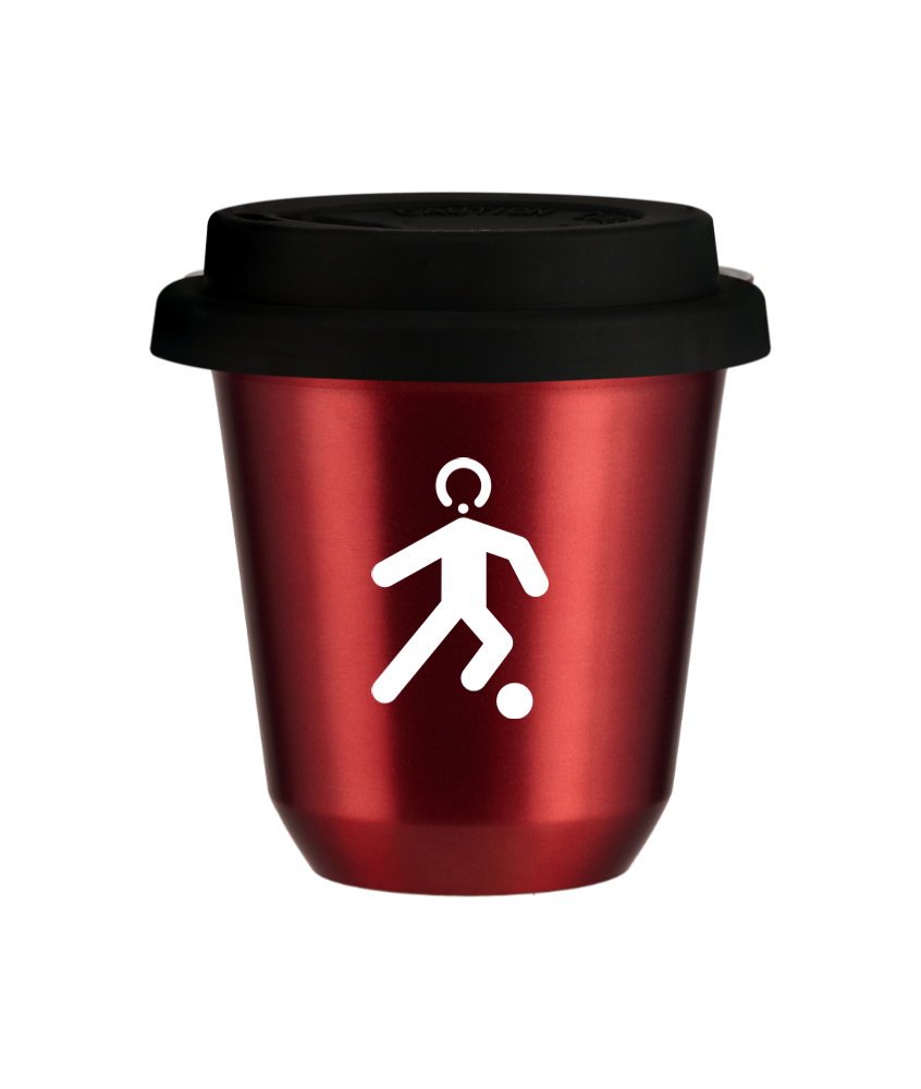 Tasse 150 ml ROUGE MÉTALLIQUE "Football (blanc)", avec couvercle noir Tasse 150 ml ROUGE MÉTALLIQUE "Football (blanc)", avec couvercle noir