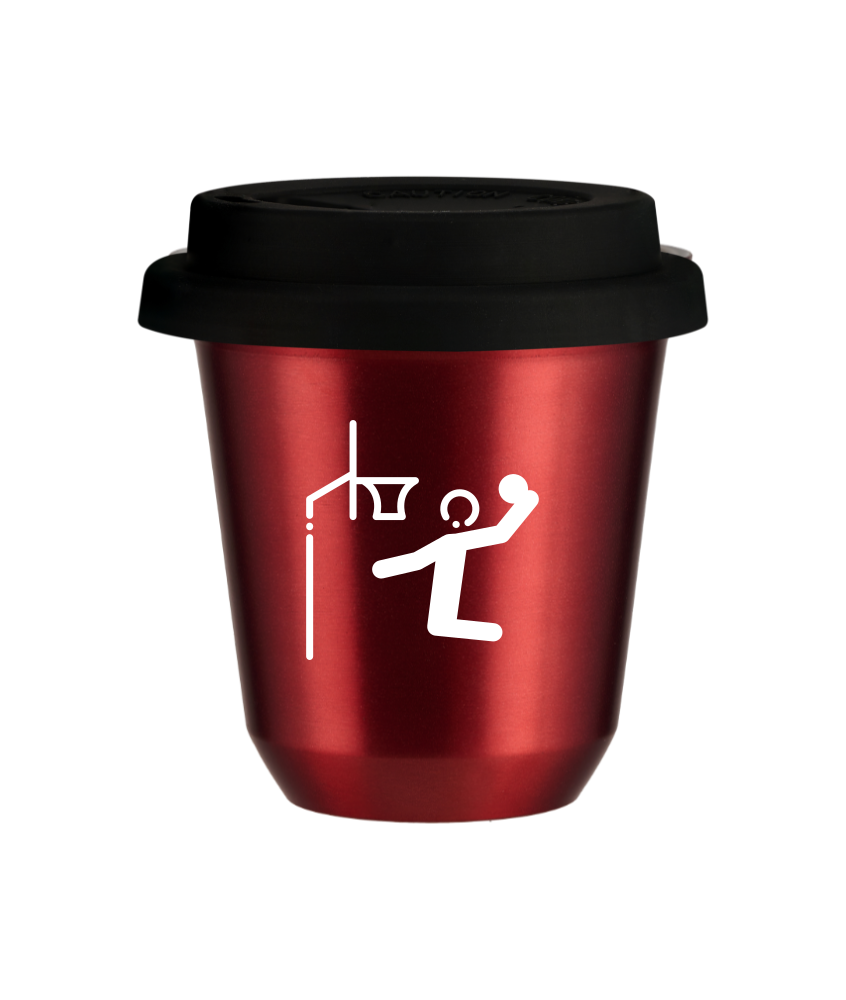 Tasse 150 ml ROUGE MÉTALLIQUE "Basket-ball (blanc)", avec couvercle noir