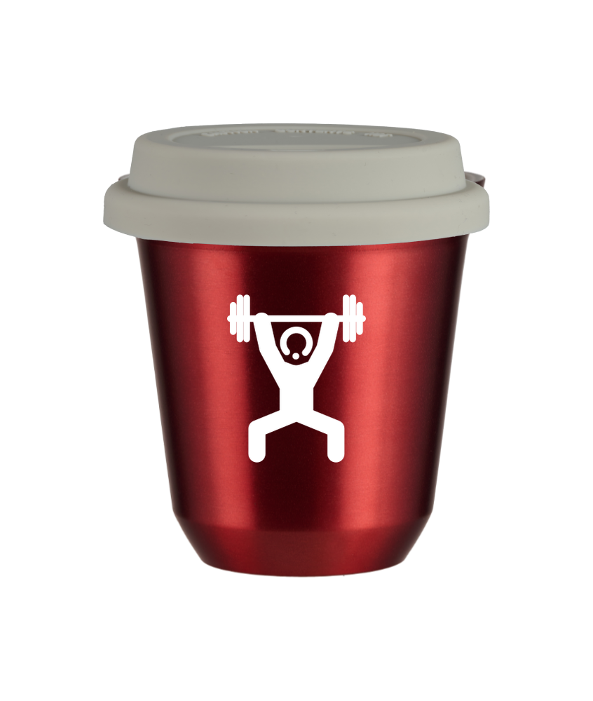 Tasse 150 ml ROUGE MÉTALLIQUE "Homme fort 1 (blanc)", avec couvercle blanc Tasse 150 ml ROUGE MÉTALLIQUE "Homme fort 1 (blanc)", avec couvercle blanc