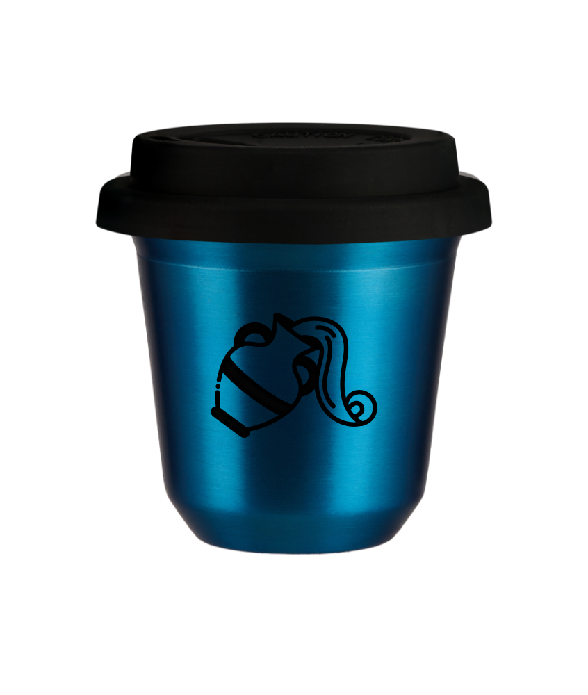 Tasse 150 ml BLEU MÉTALLIQUE "Verseau (noir)", avec couvercle noir Tasse 150 ml BLEU MÉTALLIQUE "Verseau (noir)", avec couvercle noir