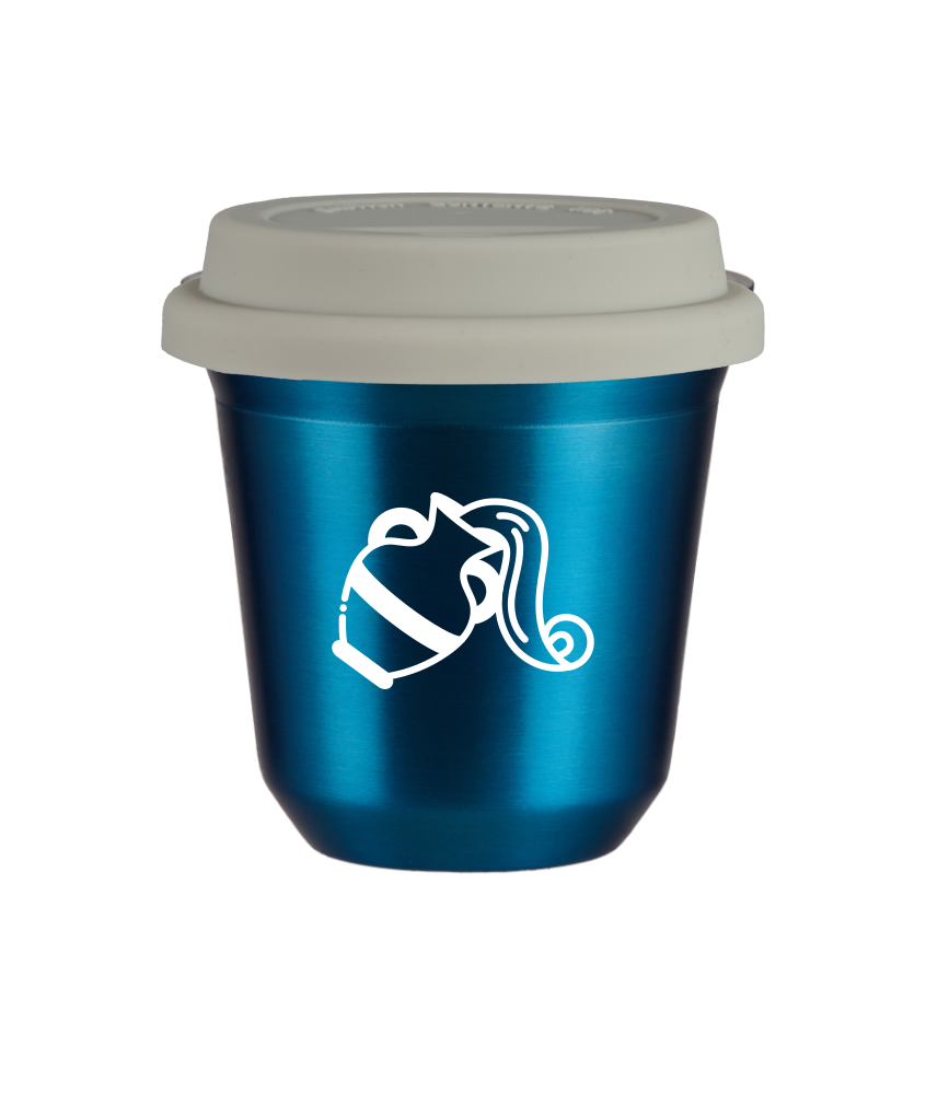 Tasse 150 ml BLEU MÉTALLIQUE "Verseau (blanc)", avec couvercle blanc Tasse 150 ml BLEU MÉTALLIQUE "Verseau (blanc)", avec couvercle blanc