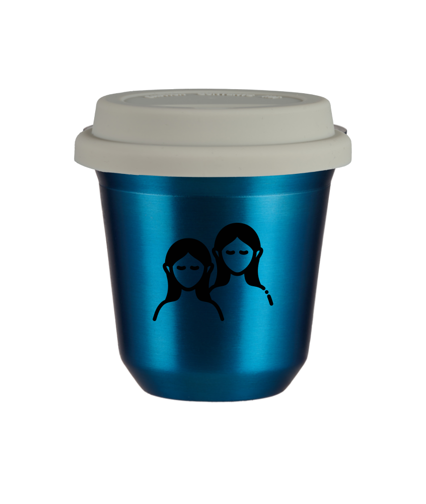 Tasse 150 ml BLEU MÉTALLIQUE "Gémeaux (noir)", avec couvercle blanc Tasse 150 ml BLEU MÉTALLIQUE "Gémeaux (noir)", avec couvercle blanc