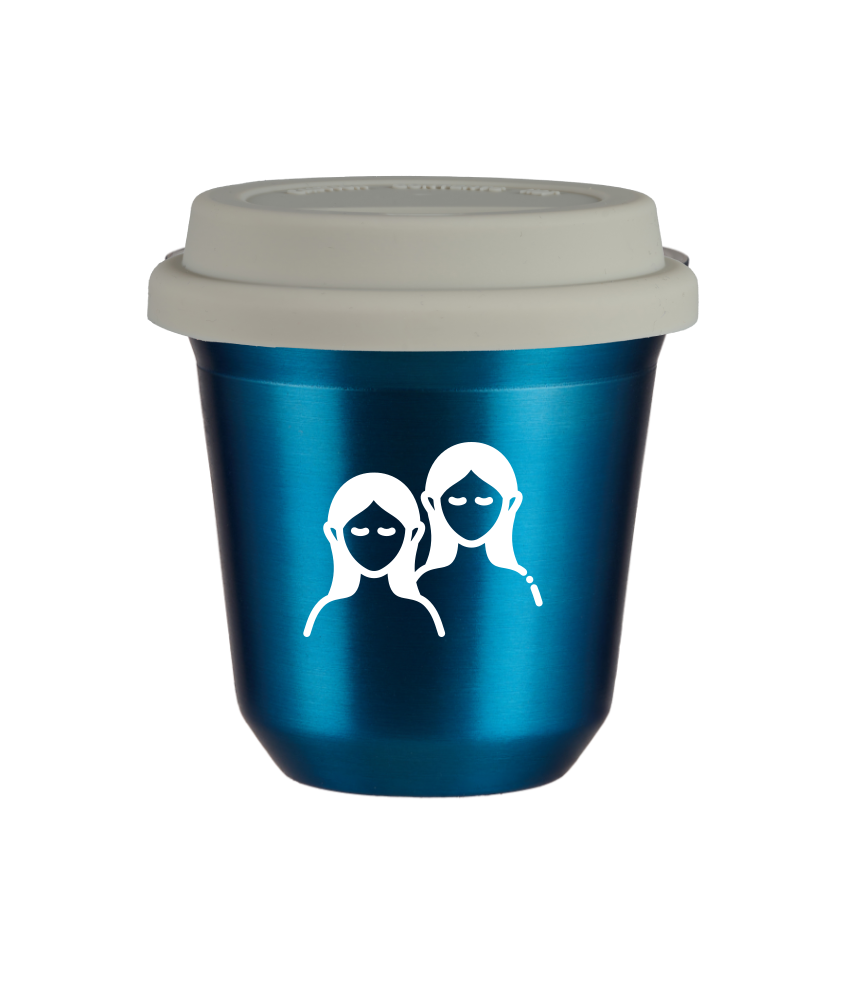 Tasse 150 ml BLEU MÉTALLIQUE "Gémeaux (blanc)", avec couvercle blanc Tasse 150 ml BLEU MÉTALLIQUE "Gémeaux (blanc)", avec couvercle blanc