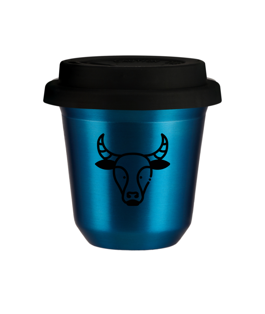 Tasse 150 ml BLEU MÉTALLIQUE "Taureau (noir)", avec couvercle noir Tasse 150 ml BLEU MÉTALLIQUE "Taureau (noir)", avec couvercle noir