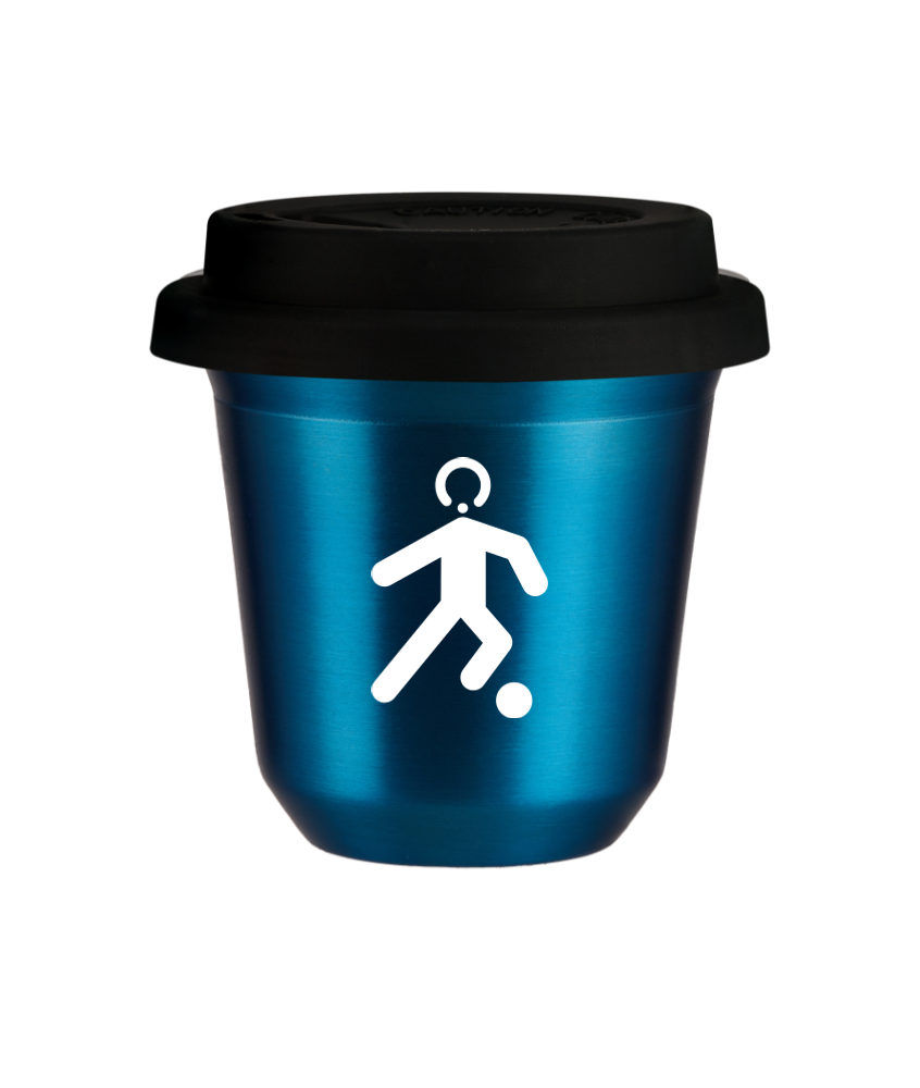 Tasse 150 ml BLEU MÉTALLIQUE "Football (blanc)", avec couvercle noir