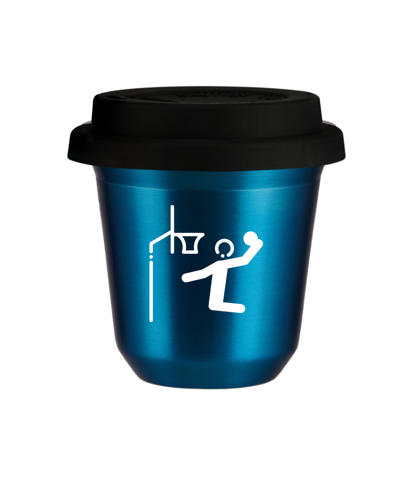 Tasse 150 ml BLEU MÉTALLIQUE "Basket-ball (blanc)", avec couvercle noir