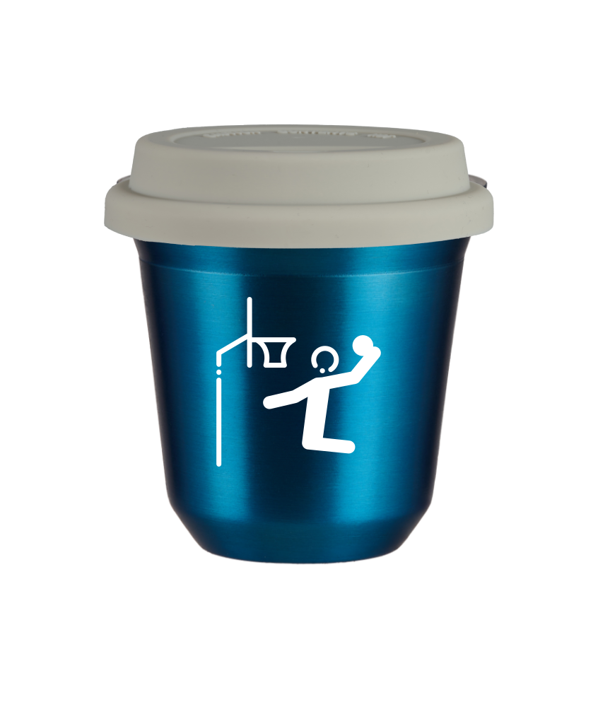Tasse 150 ml BLEU MÉTALLIQUE "Basket-ball (blanc)", avec couvercle blanc