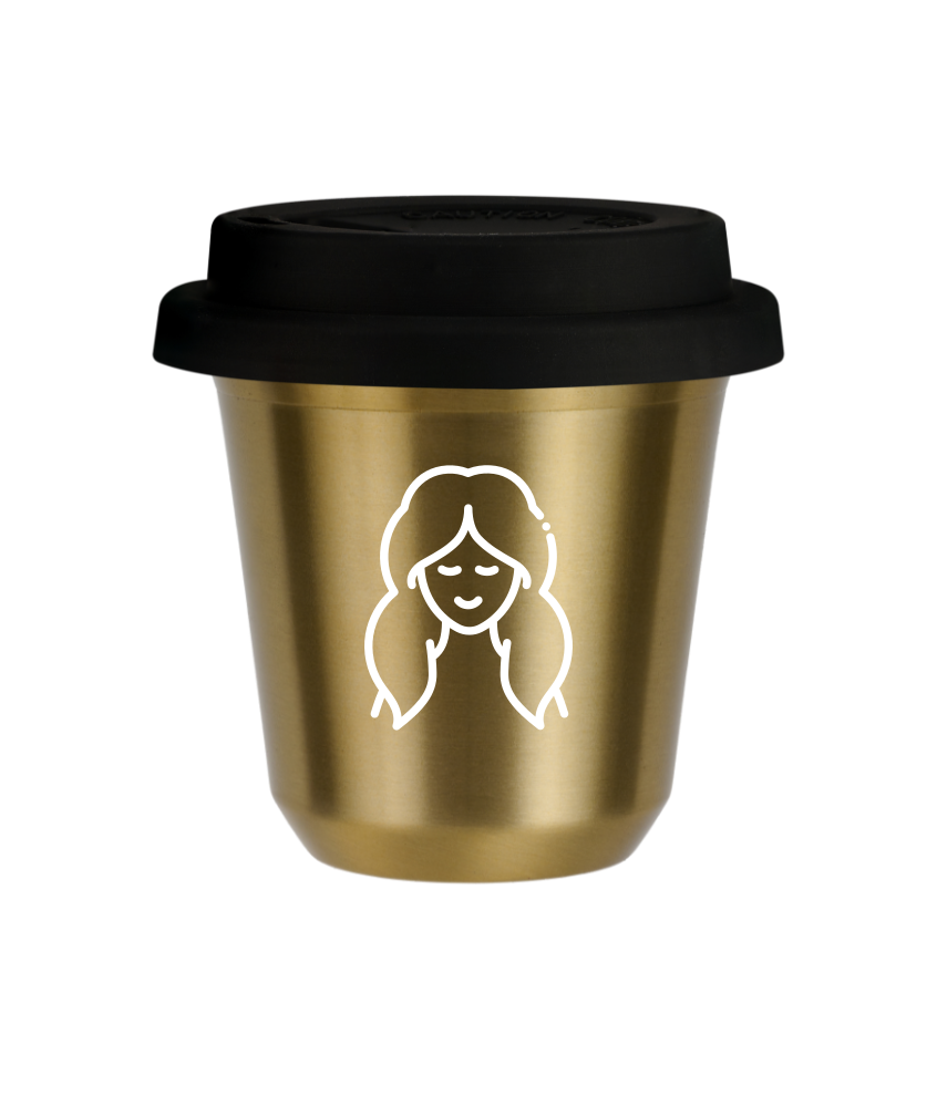 Tasse 150 ml OR "Vierge (blanc)", avec couvercle noir Tasse 150 ml OR "Vierge (blanc)", avec couvercle noir