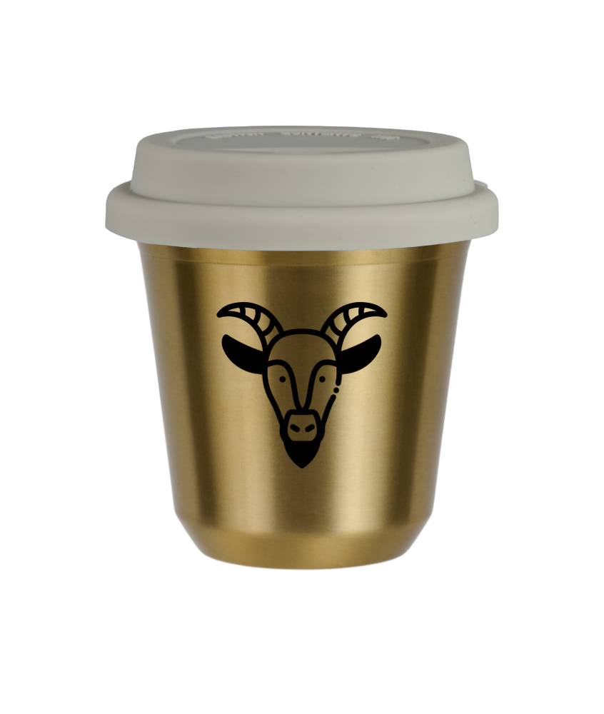 Tasse 150 ml OR "Capricorne", avec couvercle blanc Tasse 150 ml OR "Capricorne", avec couvercle blanc