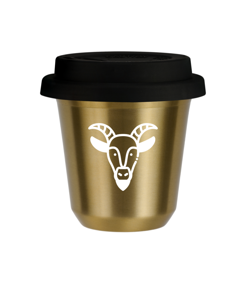 Tasse 150 ml OR "Capricorne (blanc)", avec couvercle noir Tasse 150 ml OR "Capricorne (blanc)", avec couvercle noir