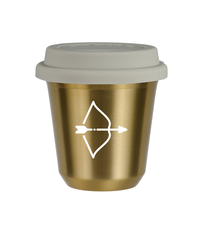 Tasse 150 ml OR "Sagittaire (blanc)", avec couvercle blanc Tasse 150 ml OR "Sagittaire (blanc)", avec couvercle blanc