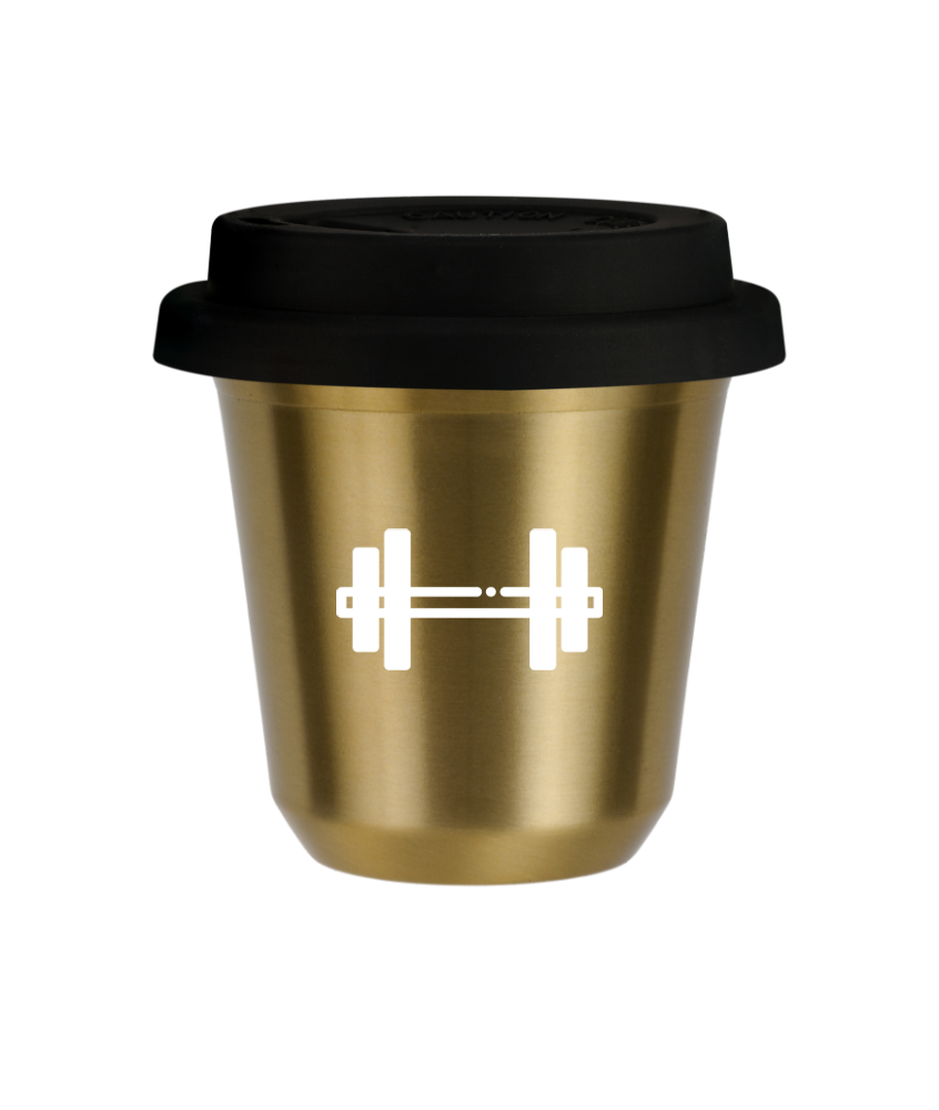 Tasse 150 ml OR "Haltère (blanc)", avec couvercle noir Tasse 150 ml OR "Haltère (blanc)", avec couvercle noir