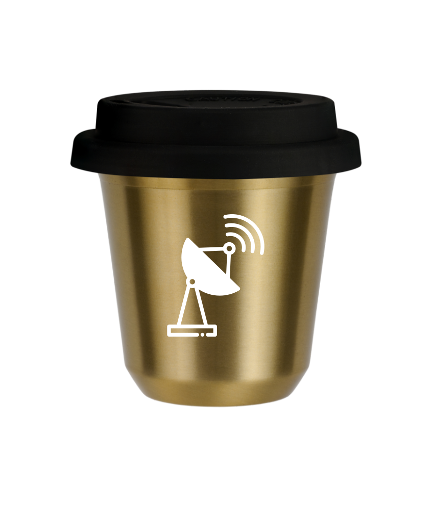 Tasse 150 ml OR "Antenne (blanc)", avec couvercle noir Tasse 150 ml OR "Antenne (blanc)", avec couvercle noir
