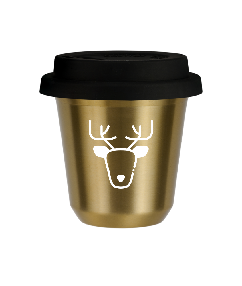Tasse 150 ml OR "Renne (blanc)", avec couvercle noir Tasse 150 ml OR "Renne (blanc)", avec couvercle noir