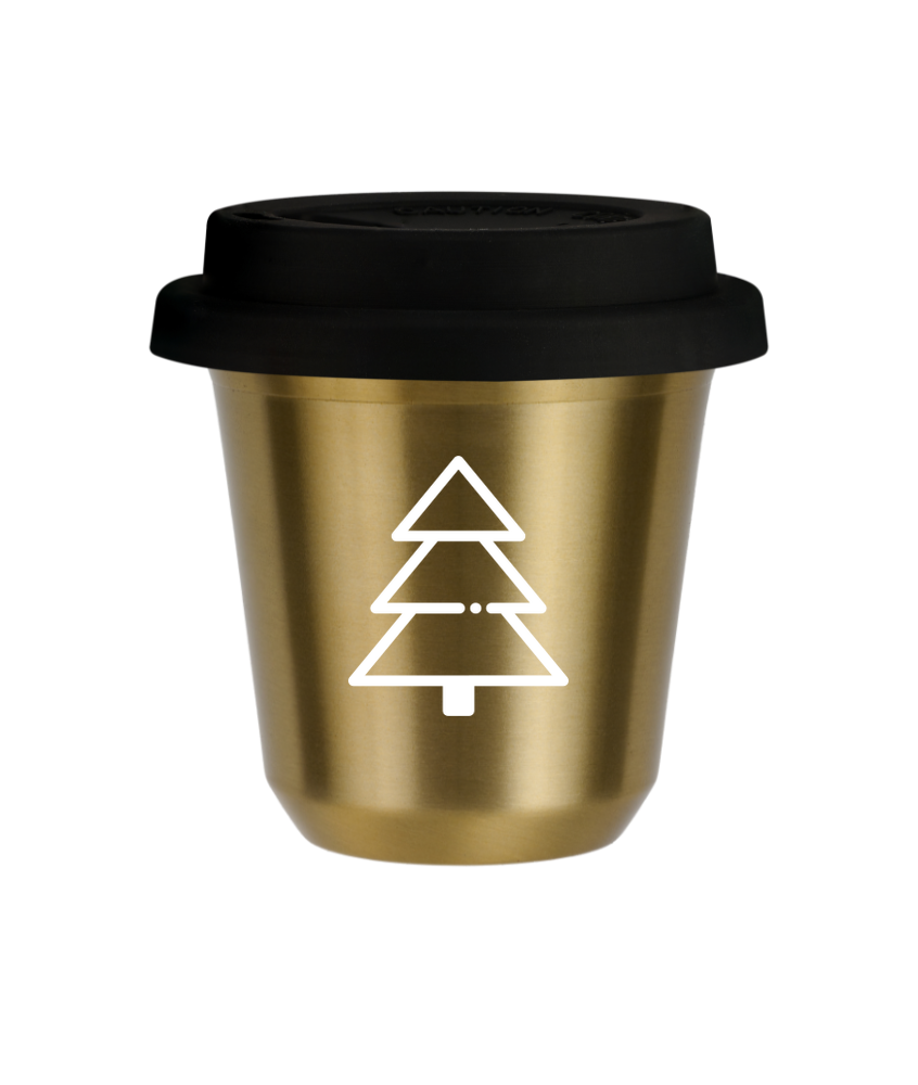 Tasse 150 ml OR "Sapin de Noël (blanc)", avec couvercle noir Tasse 150 ml OR "Sapin de Noël (blanc)", avec couvercle noir
