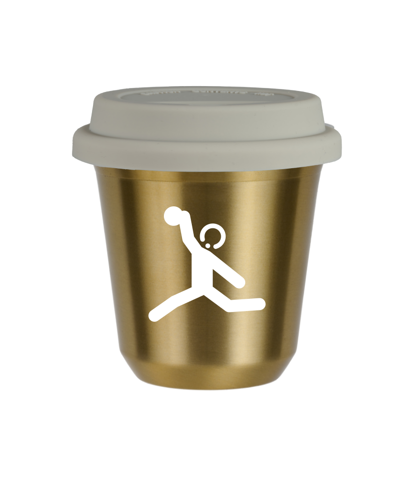 Tasse 150 ml OR "Lancer du disque (blanc)", avec couvercle blanc Tasse 150 ml OR "Lancer du disque (blanc)", avec couvercle blanc