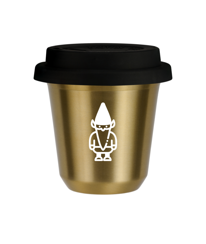 Tasse 150 ml OR "Nain 2 (blanc)", avec couvercle noir Tasse 150 ml OR "Nain 2 (blanc)", avec couvercle noir