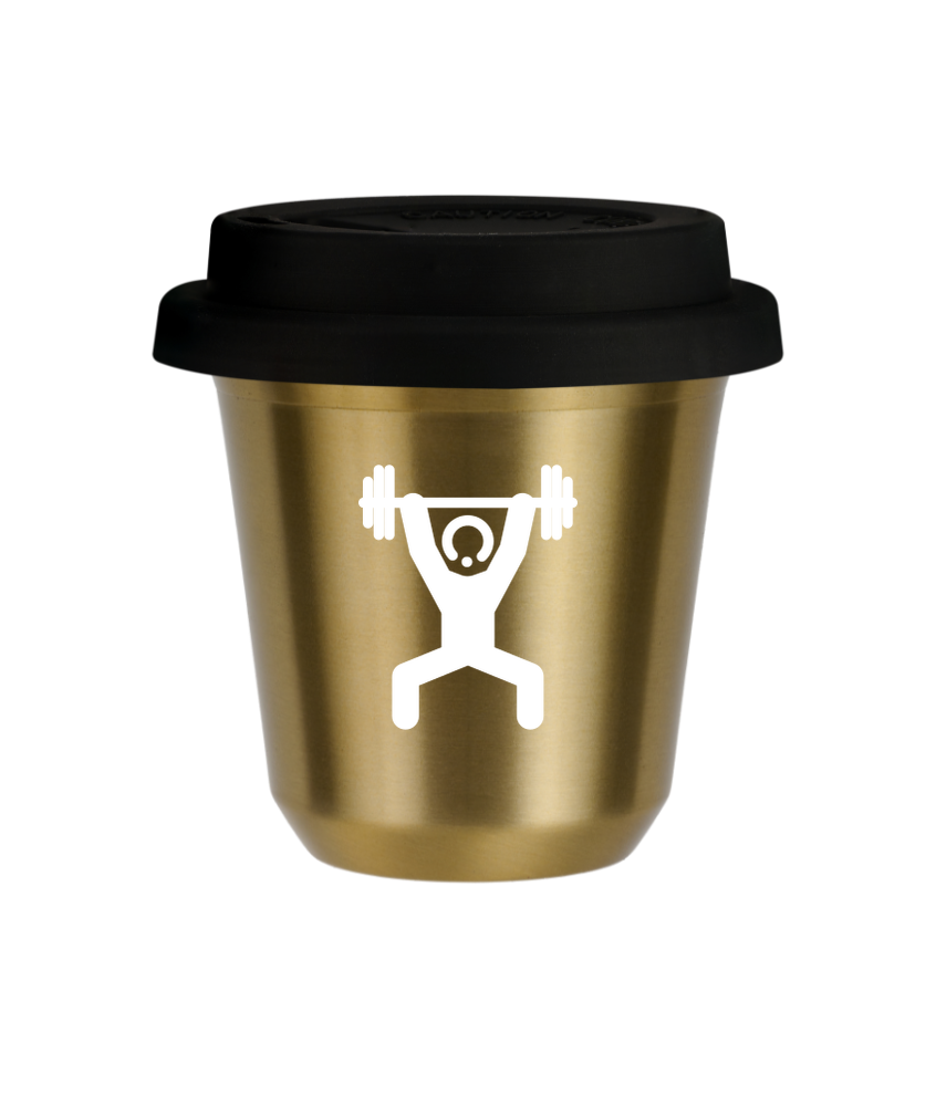 Tasse 150 ml OR "Homme fort 1 (blanc)", avec couvercle noir Tasse 150 ml OR "Homme fort 1 (blanc)", avec couvercle noir