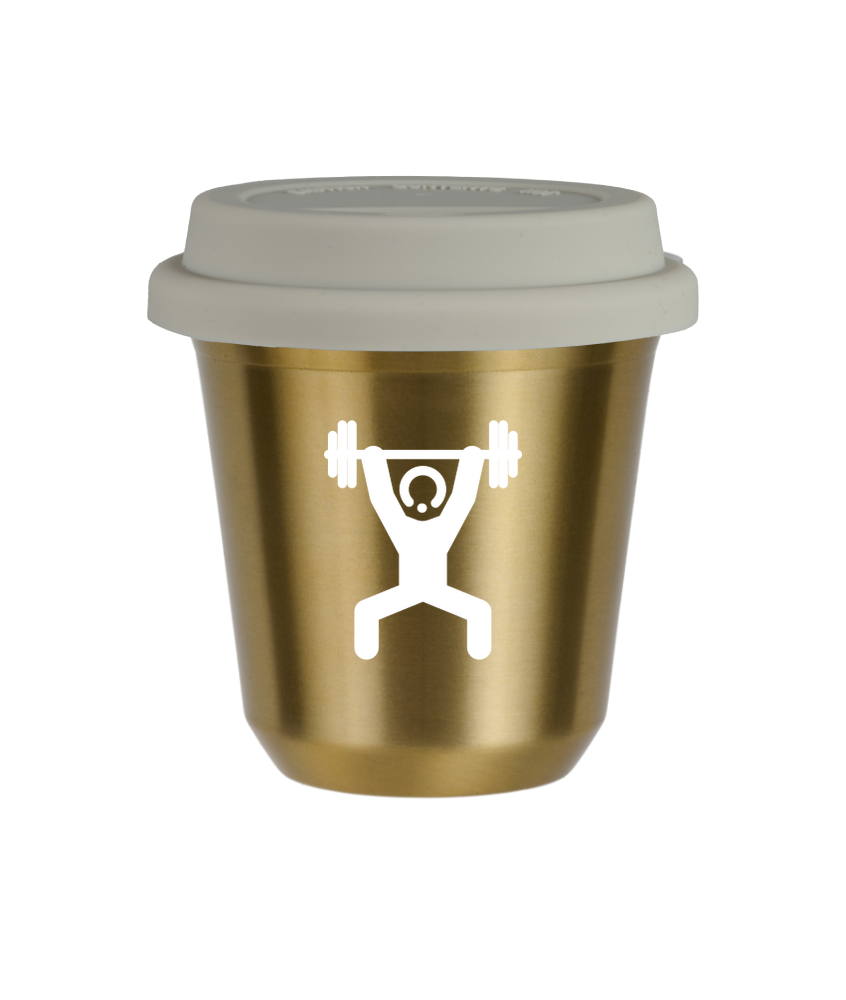 Tasse 150 ml OR "Homme fort 1 (blanc)", avec couvercle blanc