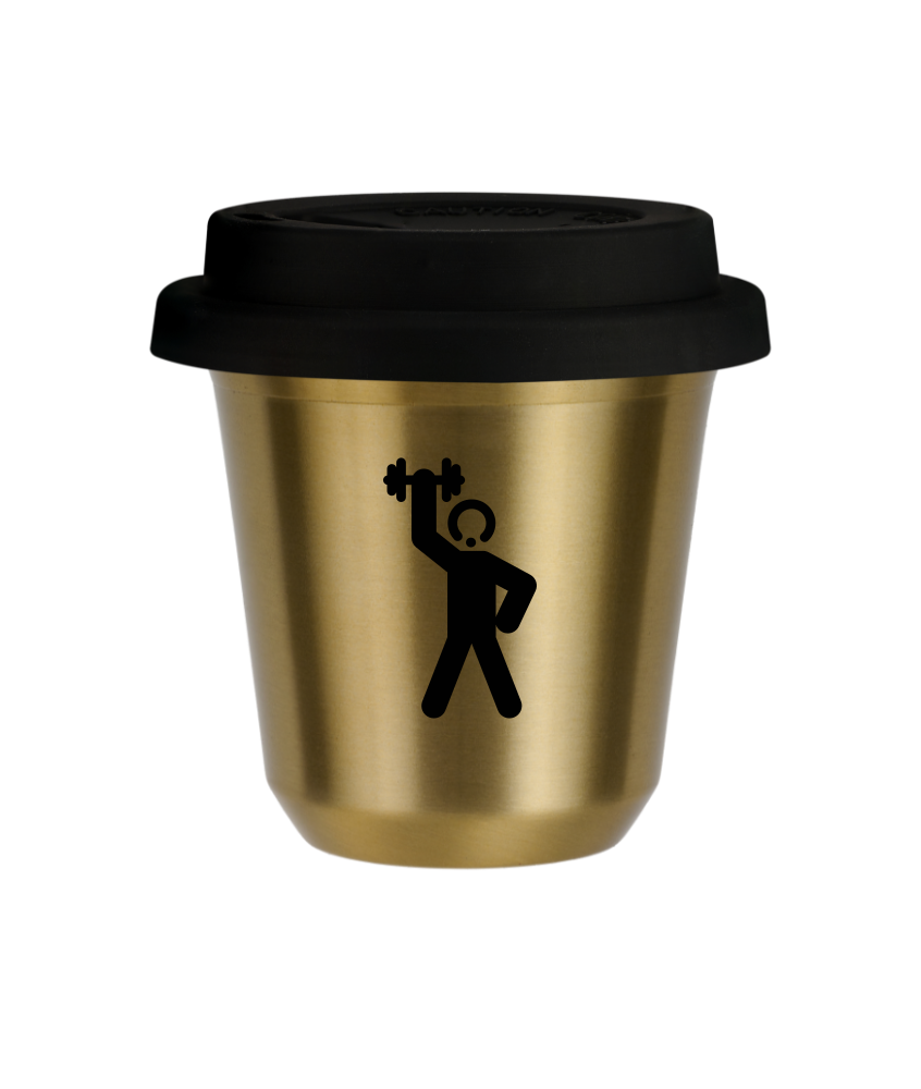 Tasse 150 ml OR "Homme fort 2 (noir)", avec couvercle noir Tasse 150 ml OR "Homme fort 2 (noir)", avec couvercle noir