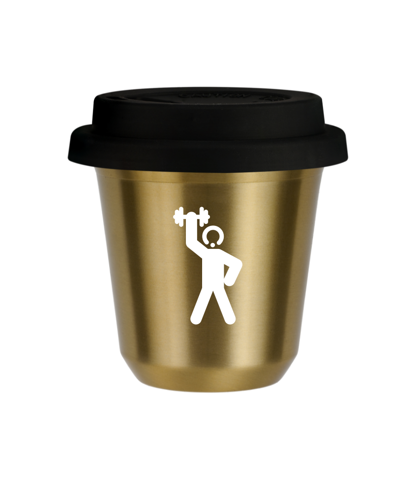 Tasse 150 ml OR "Homme fort 2 (blanc)", avec couvercle noir Tasse 150 ml OR "Homme fort 2 (blanc)", avec couvercle noir