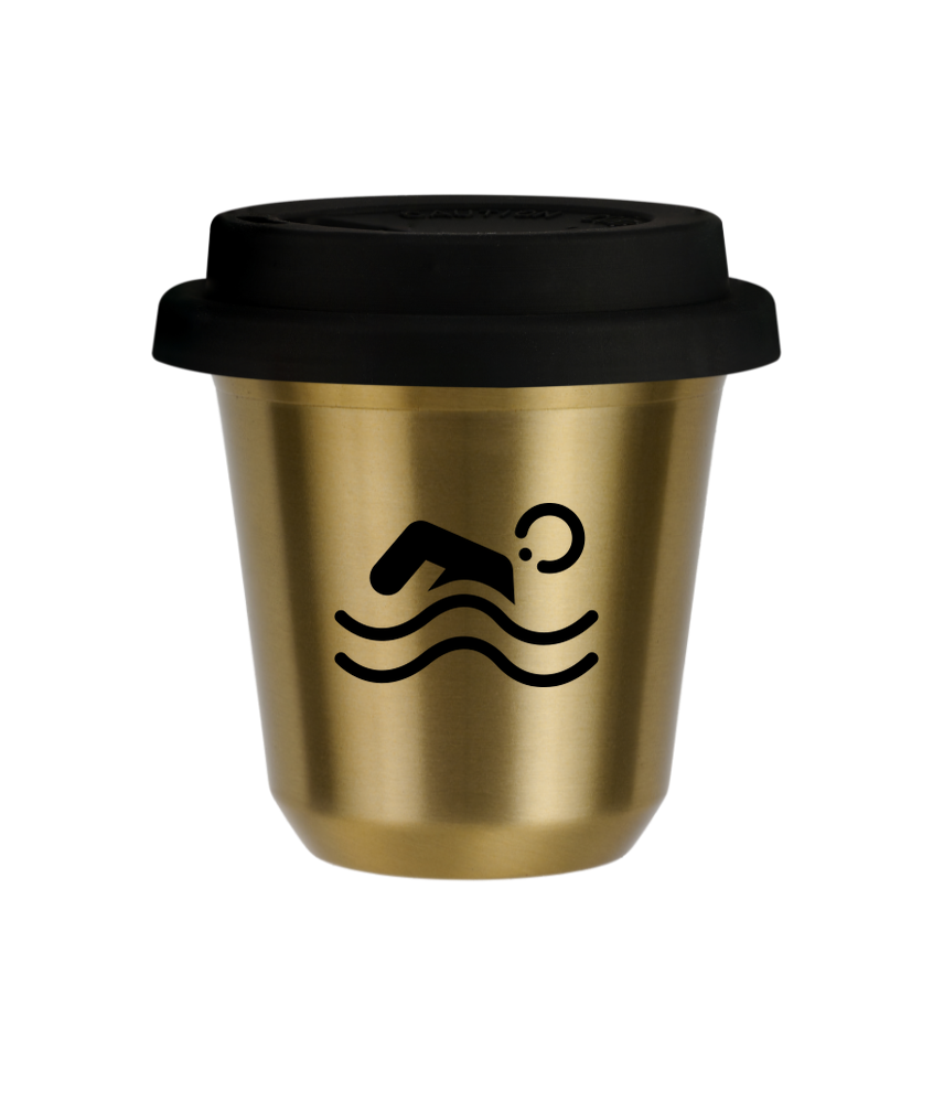Tasse 150 ml OR "Natation (noir)", avec couvercle noir Tasse 150 ml OR "Natation (noir)", avec couvercle noir