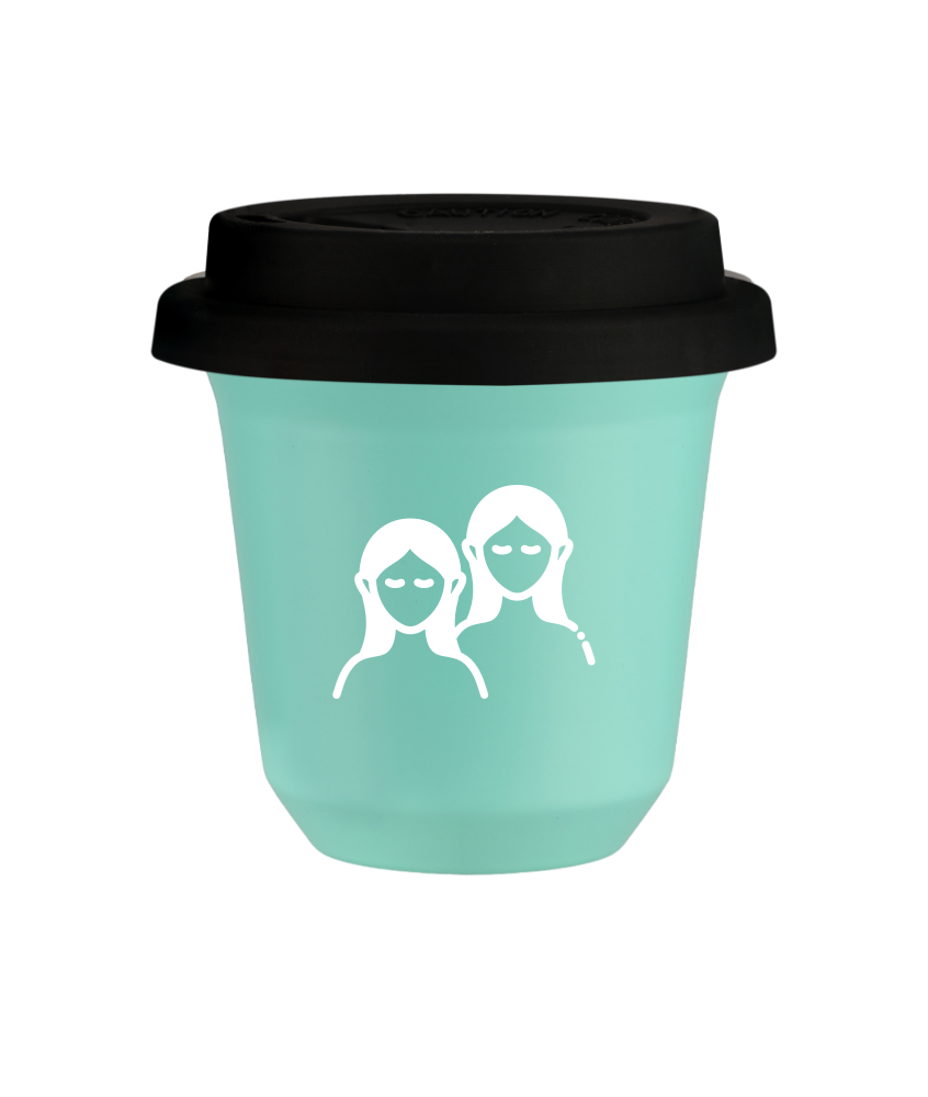 Tasse 150 ml TURQUOISE "Gémeaux (blanc)", avec couvercle noir