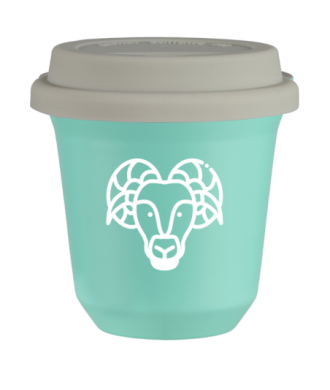 Tasse 150 ml TURQUOISE "Bélier (blanc)", avec couvercle blanc Tasse 150 ml TURQUOISE "Bélier (blanc)", avec couvercle blanc