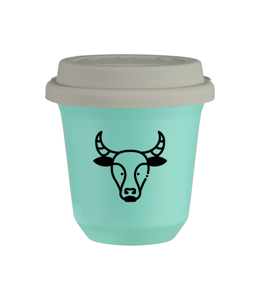 Tasse 150 ml TURQUOISE "Taureau (noir)", avec couvercle blanc