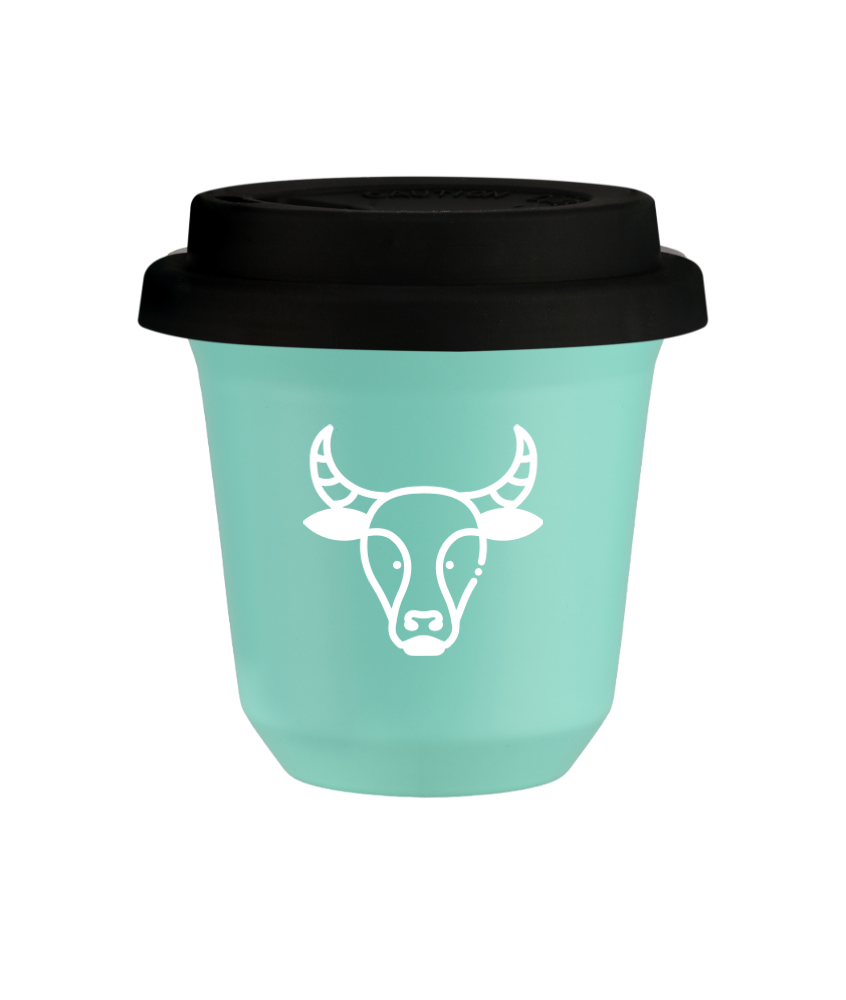 Tasse 150 ml TURQUOISE "Taureau (blanc)", avec couvercle noir Tasse 150 ml TURQUOISE "Taureau (blanc)", avec couvercle noir