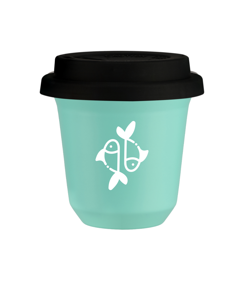 Tasse 150 ml TURQUOISE "Poissons (blanc)", avec couvercle noir Tasse 150 ml TURQUOISE "Poissons (blanc)", avec couvercle noir