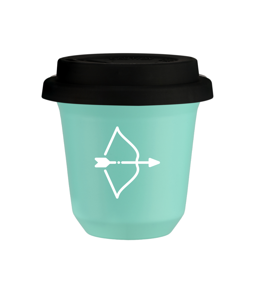 Tasse 150 ml TURQUOISE "Sagittaire (blanc)", avec couvercle noir Tasse 150 ml TURQUOISE "Sagittaire (blanc)", avec couvercle noir