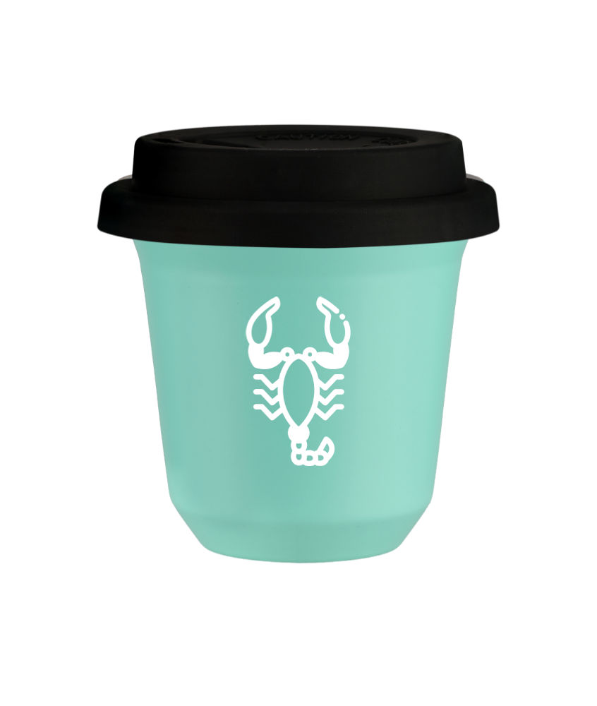 Tasse 150 ml TURQUOISE "Scorpion (blanc)", avec couvercle noir