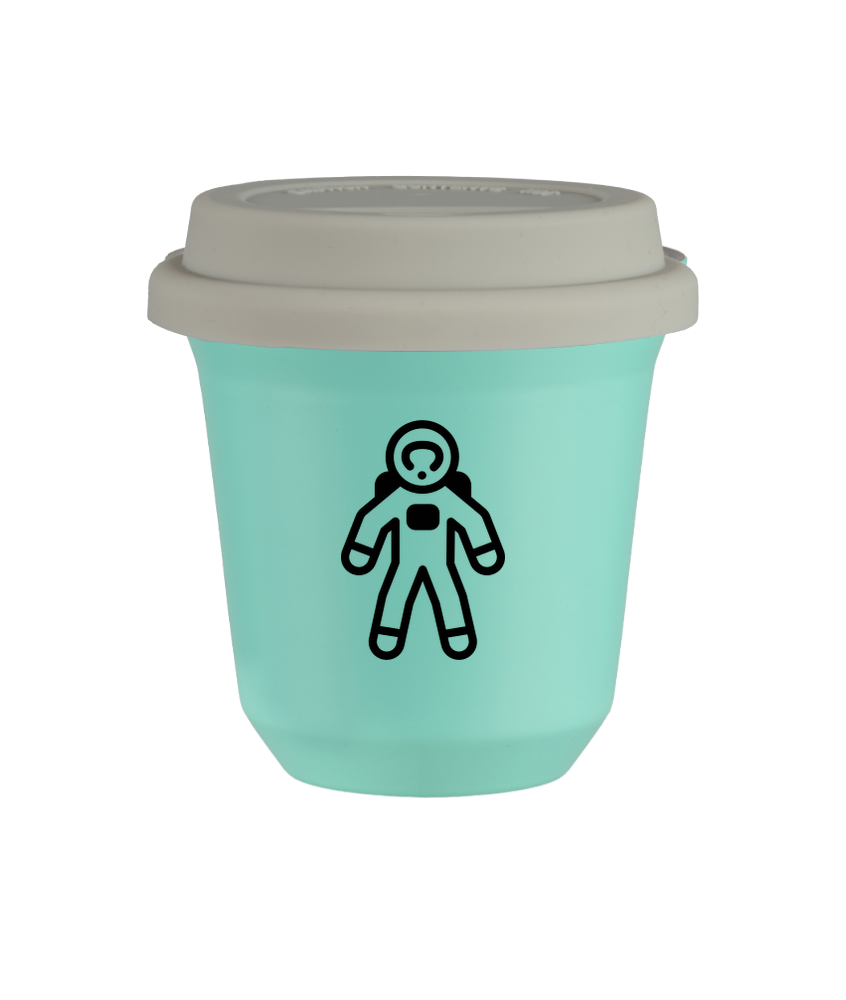 Tasse 150 ml TURQUOISE "Astronaute (noir)", avec couvercle blanc