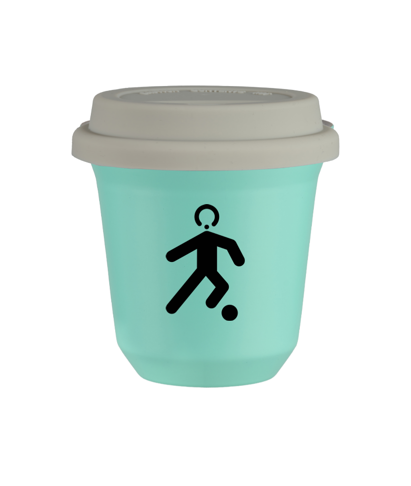 Tasse 150 ml TURQUOISE "Football (noir)", avec couvercle blanc
